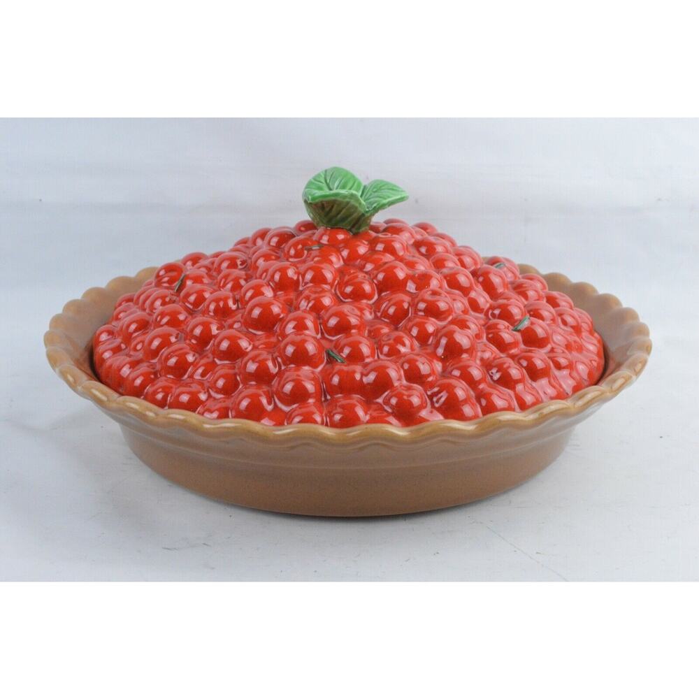 Treasure Craft Cherry Pie Keeper Dish w Lid Red Ceramic 13" Vintage